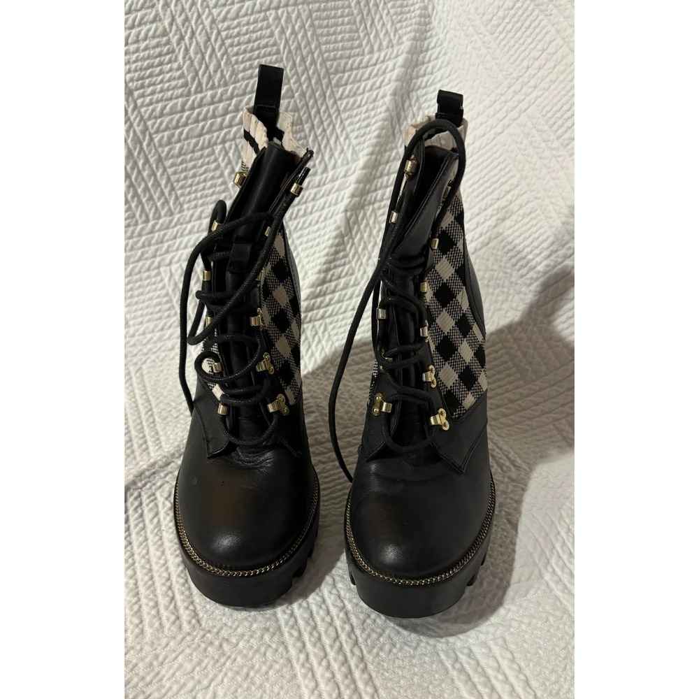 Antonio Melani Women's Chunk Heel Platform Booties Lace Up Black White Plaid 6.5